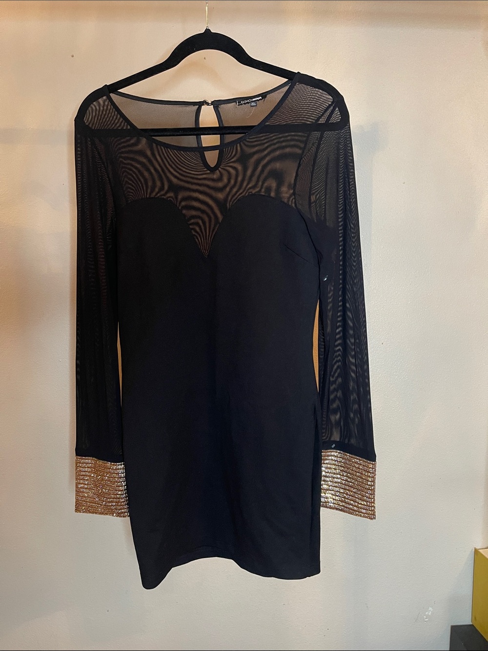 Fashion Nova Black Mesh Mini Dress with Gold Beaded Cuffs